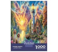 Lighthouse Sunset 1000 Pezzi The Puppy And The Coastal Lighthouse at Sunrise Puzzle Giocattoli Puzzle Per Gioco Familiare Decorazione Per La Casa Adulti Regalo Giocattolo 38x26cm/1000pcs