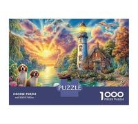 Lighthouse Sunset 1000 Pezzi The Puppy And The Coastal Lighthouse at Sunrise Puzzle Giocattoli Puzzle Per Gioco Familiare Decorazione Della Famiglia Per Adulti Regalo Giocattolo 38x26cm/1000pcs