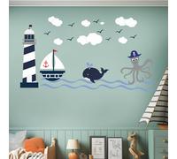 Lighthouse Whale and Octopus Wall Decal I Kids Bedroom Decor I Nautic