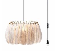 Lighting Nordic Chandelier White Feather Hanging Light Fixture with 14.8 Feet Plug in Cord Gold Pendant Lamp for Girls Room Bedroom