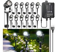LightingWill Faretti LED da Giardino per Esterni con Picchetto, Set da 12 Espandibile, 24 V con Sensore Crepuscolare e Timer, Bianco Freddo 5000-6000 K, IP65, per Giardino e Vialetti