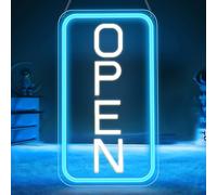 LightingWill Open Neon Shield LED con adattatore da 12 V On/Off, Open Light Up Sign per Bar, Salon, Store, Cafe, Negozio, Club, Blu/Bianco, Verticale