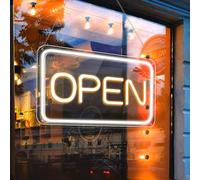 LightingWill Open Neon Shield LED con adattatore On/Off, Open Light Up Sign per Bar, Salon, Store, Cafe, Negozio, Club, Giallo/Bianco, Orizzontale