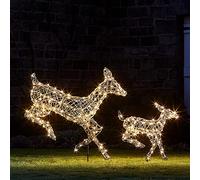 Lights4fun Cerva e Cerbiatto Blazante Renna di Natale Luminosa in Rattan Grigio a 300 LED Bicolore con Timer Decorazione Natalizia per Giardino Esterni