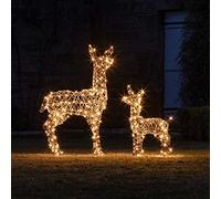 Lights4fun Cerva e Cerbiatto Luminose Renne di Natale in Rattan di 98 cm e 60 cm a 280 Micro LED Bianco Caldo con Timer Figura Natalizia Decorazione per Interni ed Esterni
