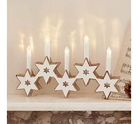 Lights4fun Decorazione di Natale 5 Candele a Ponte e Stelle in Legno con LED Bianchi Caldi a Pile per Arredo Interni