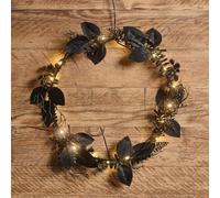 Lights4Fun Ghirlanda di Halloween Nera, Fogliame Stile Gotico e 20 Luci Micro LED Bianco Caldo, Ghirlanda Decorativa Porta, Illuminata a Batteria, con Timer, Decorazione per Interni, 30cm