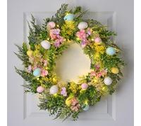 Lights4fun Ghirlanda Pre-Illuminata di Pasqua di 60 cm con Fogliame e Fiori Artificiali e Uova di Pasqua e 50 LED Bianco Caldo a Pile e Timer per Porta D'Ingresso Arredo Interni