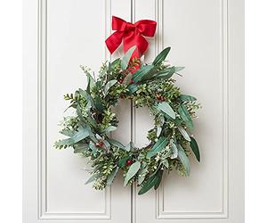 Lights4fun Grande Corona Artificiale di Natale di 60cm con Fiocco Rosso per Arredo Interni