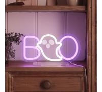 Lights4fun Lampada neon "BOO" per Halloween - viola e bianco neon flex su telaio acrilico trasparente - con interruttore a levetta e base rimovibile - decorazione per feste, decorazione da parete