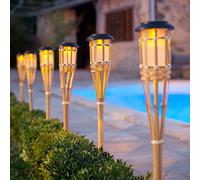 Lights4fun - Set di 10 fiaccole in bambù | con LED bianco caldo | funzionamento solare | sensore di crepuscolo | illuminazione per vialetti e decorazione da giardino | altezza 82 cm