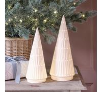 Lights4fun Set di 2 Alberi Illuminati in Ceramica con 10 LED Bianco Caldo A Batteria con Timer Decorazione Natalizia per Interni