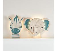 Lights4fun Set di 2 lampade da parete a LED, elefante, zebra, telecomando, timer, batteria, decorazione per cameretta dei bambini