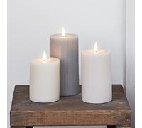 Lights4fun Set di 3 Candele TruGlow® in Cera Grigia a Strisce con LED Bianchi Caldi a Pile per Arredo Interni