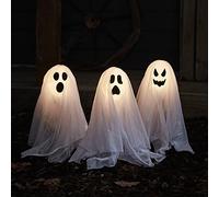 Lights4fun Set di 3 Paletti Luce per Esterni, Fantasmi Decorazioni Halloween per Esterni, Luci per Sentieri, Illuminazione Giardino, Balcone, LED Bianco Caldo, a Batteria