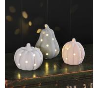 Lights4fun Set di 3 Zucche Decorative in Pietra in Toni Neutri LED a Batteria Decorazione di Halloween Autunnale per Interni