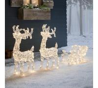 Lights4fun Set Renne e Slitta Luminosa a LED Bianco Caldo, USB, con Pannello Energia Solare, Decorazioni Natalizia per Esterni, Giardino