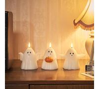 Lights4fun TruGlow® Set di 3 Candele Senza Fiamma in Vera Cera a Forma di Fantasma con LED Bianco Caldo a Pile con Timer e Telecomando Decorazione di Halloween per Interni