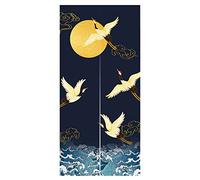 LIGICKY Noren - Tenda da porta in stile giapponese con gru e onde, con stampa di luna piena, in cotone e lino, per finestre, decorazione per la casa, 85 x 180 cm, colore: blu navy