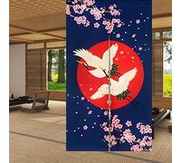 LIGICKY Noren - Tenda per porte in stile giapponese, motivo gru bianche, con sole, fiori di ciliegio, in cotone, con stampa in lino, decorazione per la casa, 85 x 150 cm