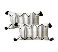 LIGICKY Set di 2 federe decorative per cuscini lombari in stile bohémien, con nappe, rettangolari, nere e bianco sporco, per divano, letto, auto, 30,5 x 50,8 cm