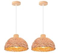 LIGKIN 2PCS Vintage Lampadario in Rattan Creativo a Mezzo Cerchio Lampada a Sospensione E27 Lampada da soffitto Legno Illuminazione Interna per Camera da letto Sala da pranzo Cucina, Ø30cm