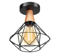 LIGKIN Plafoniera Vintage Industriale E27 Lampadario Soffitto in Legno 22CM Gabbia Metallica Nera Lampada da Soffitto Retro Plafoniere per Corridoio Salone Cucina Soggiorno