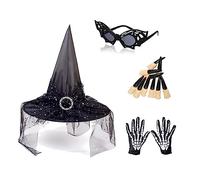 LIGSLN Cappello da strega con velo in rete punk, da donna, con unghie finte, occhiali da sole e guanti, per cosplay, feste, spettacoli, cappelli per donne, anime per adulti, Halloween, carnevale