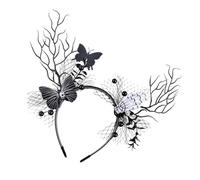 LIGSLN Cerchietto per capelli da donna in corno realistico con farfalla floreale accessorio per feste in costume da diavolo corno per capelli