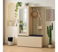 Ligterra Armadietto portaoggetti, guardaroba, scarpiera con specchio e panca, moderno set di mobili da corridoio con asta appendiabiti estensibile, scarpiera, 4 ganci e panca imbottita, colore legno