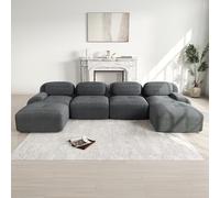 Ligterra Divano modulare a 4 posti in corduroy, divano ad angolo, divano senza braccioli con 2 pouf, divano compresso, senza montaggio e con base antiscivolo, liberamente combinabile, 388×178×75cm