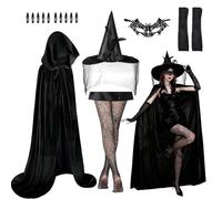Ligtmor Halloween Costume da Strega Donna, mantello strega donna Cappello da Strega, Guanti, Mantello con Cappuccio da Donna per Cosplay, Carnevale, Halloween (M)