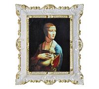 LIGUORO SHOP Stampa su Carta Telata Quadro Leonardo da Vinci Dama con Ermellino con Cornice in Stile Barocco 45X37cm (Bianco/Oro)