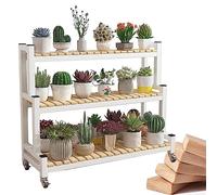 LIGUOYI Mobile per Piante Supporti per Piante in Legno 2 Ripiani 3 Ripiani Supporto Metallico per Piante, Stand per Piante Fioriera con Ruote, Scaffali Organizzatore Portascarpe, per Interni Esterni