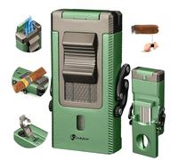 LIHTUN Cigar Lighter Multifunctional All-in-1 Torch Lighter Built-in Cigar Holder Cigar Draw Enhancer Cigar Punch Cigar Gift for Men Butane Lighter with Folding V-Cut Cigar Cutter (Verde)