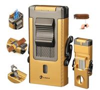 LIHTUN Cigar Lighter Multifunctional All-in-1 Torch Lighter Built-in Cigar Holder Cigar Draw Enhancer Cigar Punch Cigar Gift for Men Butane Lighter with Folding V-Cut Cigar Cutter (Oro)
