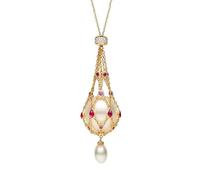 LIHWKD Pearl & Gemstone Lavalier Pendant,Natural Pearl Metal Braided Mesh Necklace,Pearl Holder Necklace (Rosso)