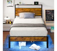 Liians - Struttura letto matrimoniale in metallo con porte USB, testiera portaoggetti, contenitore sotto il letto, design silenzioso, non richiede molle, nero