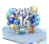 Liif Biglietto di auguri per il 16° compleanno con palloncini blu, biglietto di auguri 3D pop-up per 16 anni, per ragazzi, figlio, nipote, con messaggio e busta