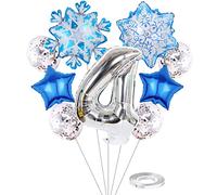 Liitata 4. Frozen - Set di palloncini a forma di numero 4, in pellicola di argento, con fiocchi di neve, con palloncini in Mylar e coriandoli, in lattice, per bambini, ragazze, feste di compleanno
