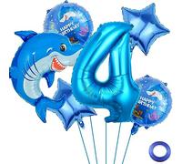 Liitata 4. Set di palloncini a forma di squalo di compleanno, blu, numero 4, palloncini in pellicola, grande squalo, per ragazzi, compleanni, feste, feste