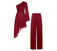 LiiYii Abito da Ballo Lirico Donna in Oro Asimmetrico Vestito da Lode Liturgica + Pantaloni Svasati a Gamba Larga Costumi di Culto Abito da Danza Contemporanea Borgogna M