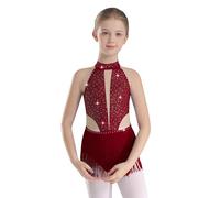 LiiYii Abito da Pattinaggio Artistico Bambina con Nappa Pailettes Body Danza Classica Moderna Leotard Senza Manica Vestito da Ballo Latino Americano Tango Borgogna 13-14 anni