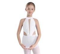 LiiYii Abito da Pattinaggio Artistico Bambina con Nappa Pailettes Body Danza Classica Moderna Leotard Senza Manica Vestito da Ballo Latino Americano Tango Bianco 5-6 anni