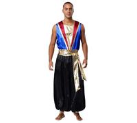 LiiYii Arabo Principe Principessa Cosplay Uomo Uomo Costume da Genio Tuta Araba Senza Maniche Jumpsuit Playsuit Abito Travestimento per Feste Halloween Blu XXL