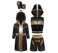 LiiYii Boxe Arti Marziali Abbigliamento Unisex Costume Pugile Campione del Mondo Cappotto da Pugile + Boxing Tank Top + Pantaloncini + Guantoni da Boxe Nero 9-10 anni