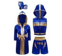LiiYii Boxe Arti Marziali Abbigliamento Unisex Costume Pugile Campione del Mondo Cappotto da Pugile + Boxing Tank Top + Pantaloncini + Guantoni da Boxe Blu 9-10 anni