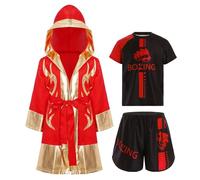 LiiYii Costume da Pugile in Tre Pezzi Accappatoio da Pugilato in Raso + Maglietta Divertente da Boxe + Pantaloncini da Muay Thai Combattimento Arti Marziali Rosso A 5-6 anni