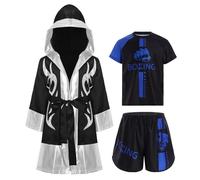 LiiYii Costume da Pugile in Tre Pezzi Accappatoio da Pugilato in Raso + Maglietta Divertente da Boxe + Pantaloncini da Muay Thai Combattimento Arti Marziali Blu Argento A 7-8 anni