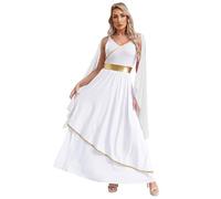 LiiYii Costume Imperatrice Romana Donna Toga Dea dell’Olimpo Costume da Antica Romana Abito Lungo con Drappo Applicato Costumi di Carnevale Halloween Bianco M
